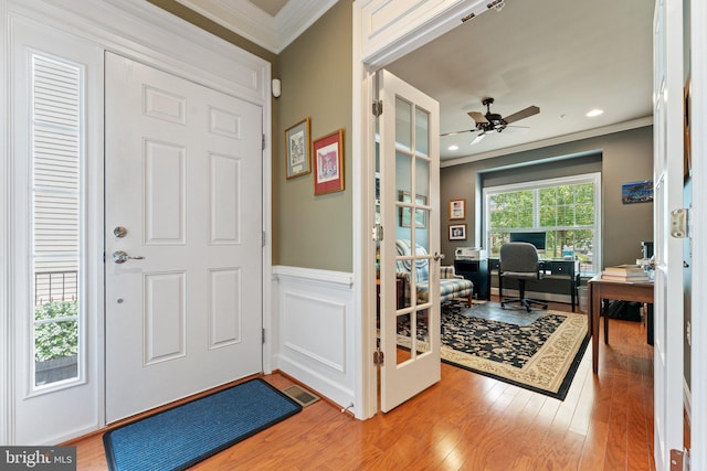 70 Battery Point Dr, Fredericksburg, VA 22406 - entryway featuring ornamental molding, wood finished floors, a ceiling fan, recessed lighting, and a wainscoted wall