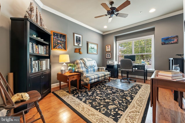 70 Battery Point Dr, Fredericksburg, VA 22406 - office area with crown molding, recessed lighting, ceiling fan, light wood finished floors, and baseboards