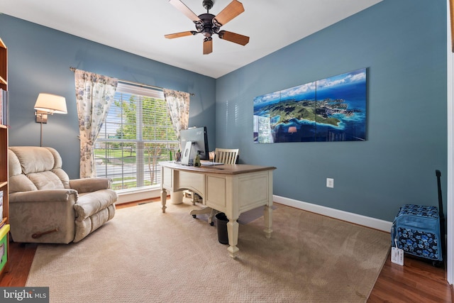 70 Battery Point Dr, Fredericksburg, VA 22406 - home office with a ceiling fan, wood finished floors, and baseboards