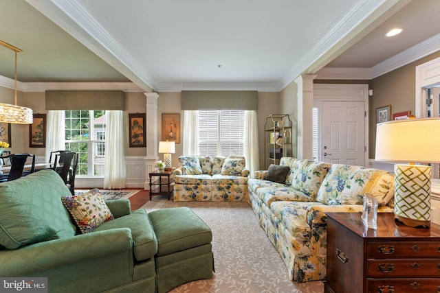 70 Battery Point Dr, Fredericksburg, VA 22406 - living area featuring decorative columns, crown molding, a wainscoted wall, and carpet