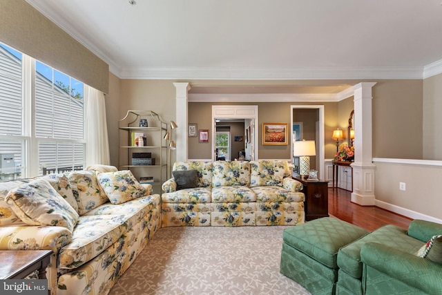 70 Battery Point Dr, Fredericksburg, VA 22406 - living area with ornate columns, crown molding, plenty of natural light, and wood finished floors