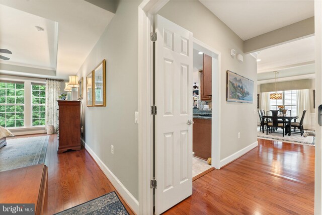 70 Battery Point Dr, Fredericksburg, VA 22406 - hallway with wood finished floors, baseboards, and a tray ceiling