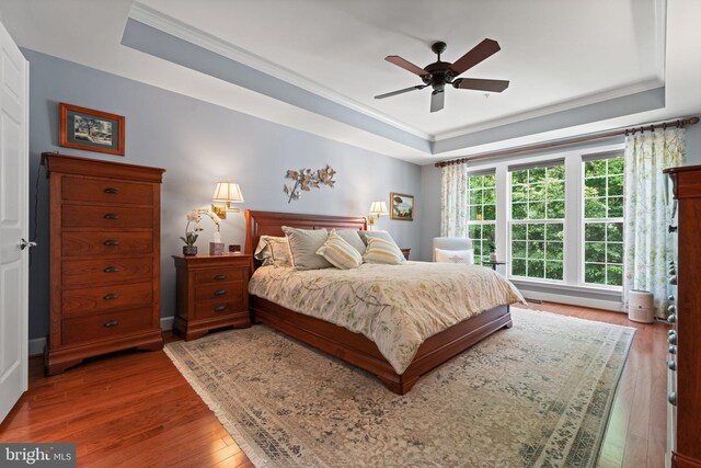 70 Battery Point Dr, Fredericksburg, VA 22406 - bedroom featuring a raised ceiling, crown molding, hardwood / wood-style floors, and a ceiling fan