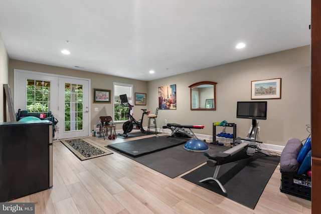 70 Battery Point Dr, Fredericksburg, VA 22406 - exercise area with french doors, light wood-type flooring, and recessed lighting