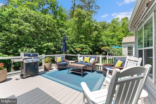 70 Battery Point Dr, Fredericksburg, VA 22406 - wooden terrace featuring outdoor lounge area, area for grilling, and view of scattered trees