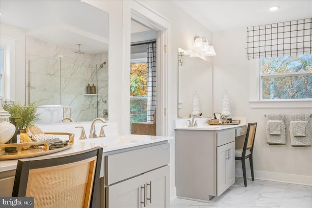 0 Williamson Rd, Winchester, VA 22602 - full bath featuring marble finish flooring, a marble finish shower, two vanities, baseboards, and recessed lighting