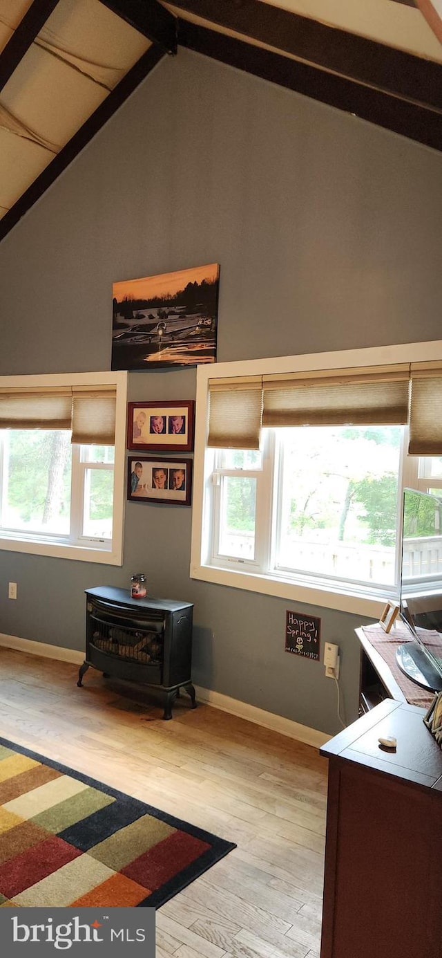 3203 N Lakeshore Dr, Browns Mills, NJ 08015 - interior space featuring a wood stove, multiple windows, wood finished floors, and baseboards