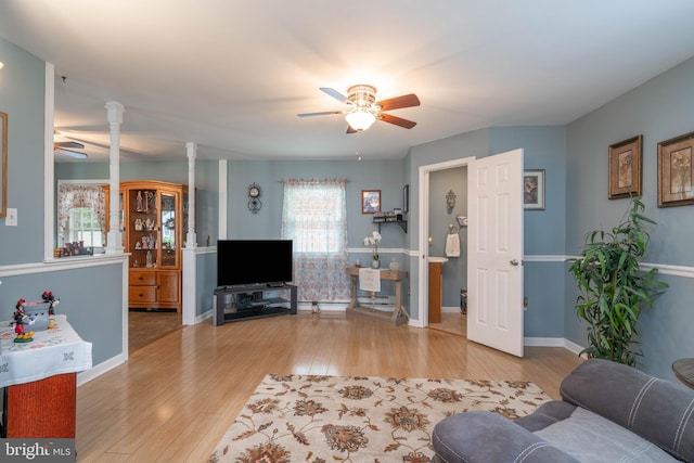 64 Sepulga Dr, Browns Mills, NJ 08015 - living area featuring ceiling fan, light wood finished floors, and baseboards