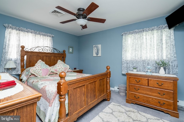64 Sepulga Dr, Browns Mills, NJ 08015 - bedroom with carpet flooring, baseboards, ceiling fan, and baseboard heating