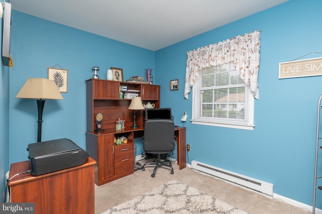64 Sepulga Dr, Browns Mills, NJ 08015 - office area featuring a baseboard heating unit, light colored carpet, and baseboards
