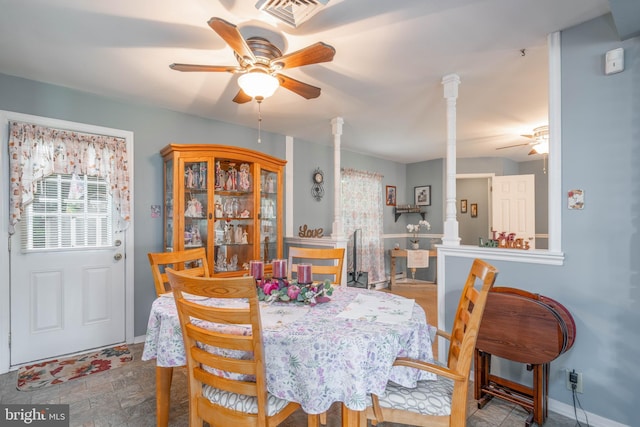 64 Sepulga Dr, Browns Mills, NJ 08015 - dining area with ceiling fan, ornate columns, and baseboards