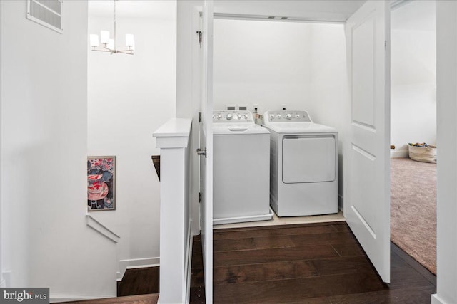 261 Aaron Truehart, Titusville, NJ 08560 - laundry room featuring independent washer and dryer, a chandelier, and dark wood-style floors