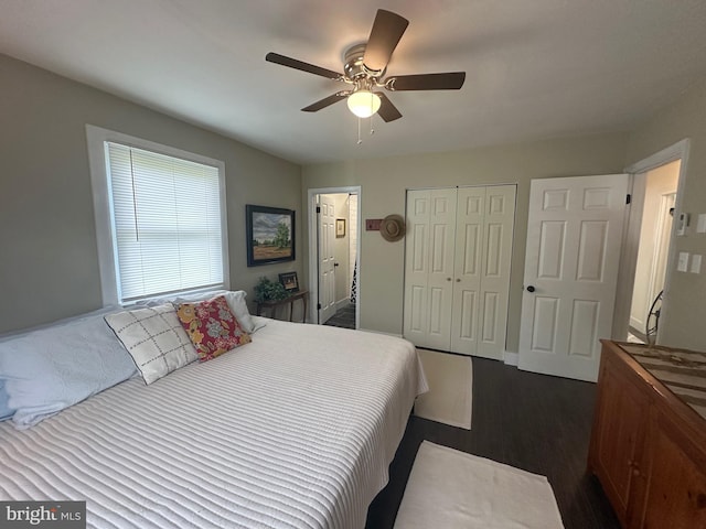 302 Glen Oak Cir, Hurlock, MD 21643 - bedroom featuring a closet, ceiling fan, and dark wood finished floors