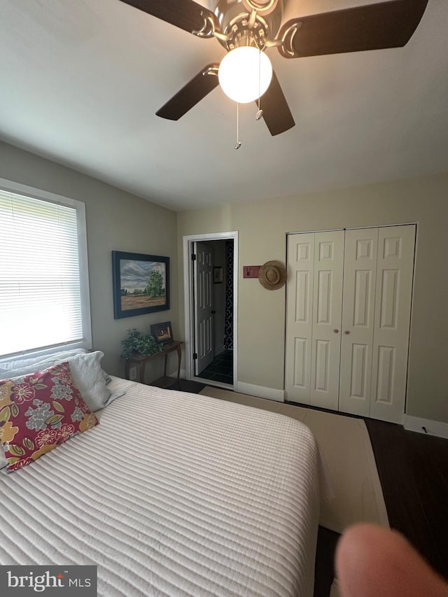 302 Glen Oak Cir, Hurlock, MD 21643 - bedroom with ceiling fan, a closet, and wood finished floors