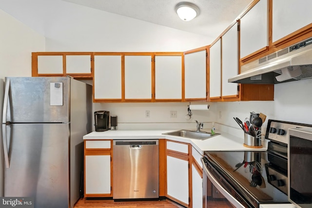 113 Timberlake Ter Unit 12, Stephens City, VA 22655 - kitchen featuring stainless steel appliances, under cabinet range hood, a sink, light countertops, and light wood finished floors