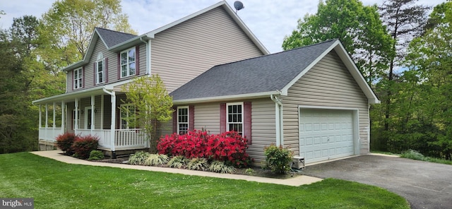 21143 Catnip Ct, Leonardtown, MD 20650 - view of property exterior with covered porch, a garage, driveway, roof with shingles, and a yard