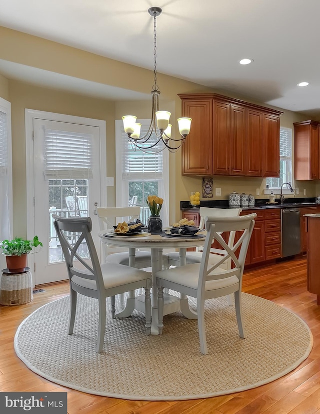 21143 Catnip Ct, Leonardtown, MD 20650 - dining area with a chandelier, light wood-style flooring, and recessed lighting