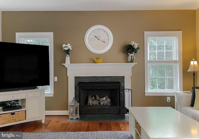 21143 Catnip Ct, Leonardtown, MD 20650 - living area featuring wood finished floors, a fireplace with flush hearth, and baseboards