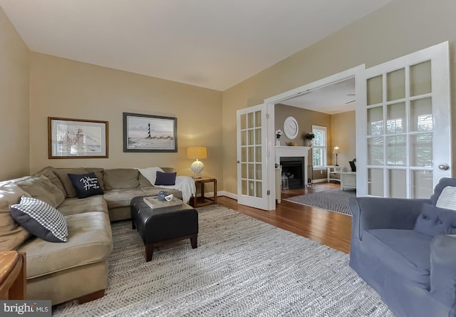 21143 Catnip Ct, Leonardtown, MD 20650 - living room featuring wood finished floors, french doors, baseboards, and a fireplace with flush hearth