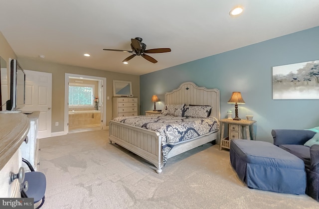 21143 Catnip Ct, Leonardtown, MD 20650 - bedroom with light carpet, recessed lighting, connected bathroom, baseboards, and ceiling fan