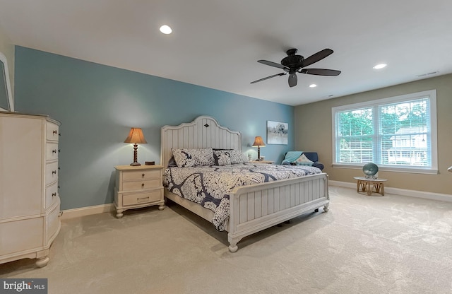 21143 Catnip Ct, Leonardtown, MD 20650 - bedroom with light colored carpet, baseboards, recessed lighting, and a ceiling fan