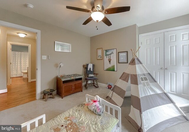 21143 Catnip Ct, Leonardtown, MD 20650 - recreation room featuring ceiling fan, light colored carpet, and baseboards