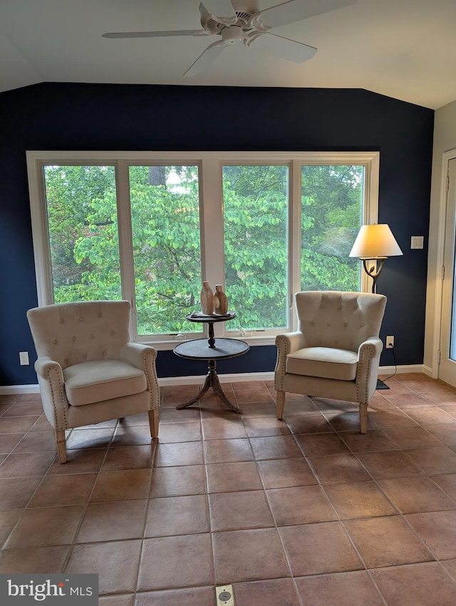 9510 Clement Rd, Silver Spring, MD 20910 - living area featuring lofted ceiling, a ceiling fan, tile patterned flooring, and baseboards