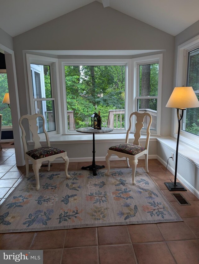 9510 Clement Rd, Silver Spring, MD 20910 - living area with plenty of natural light, vaulted ceiling, tile patterned floors, and baseboards