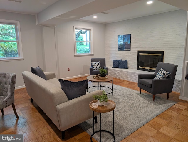 9510 Clement Rd, Silver Spring, MD 20910 - living area with baseboards, a brick fireplace, and recessed lighting