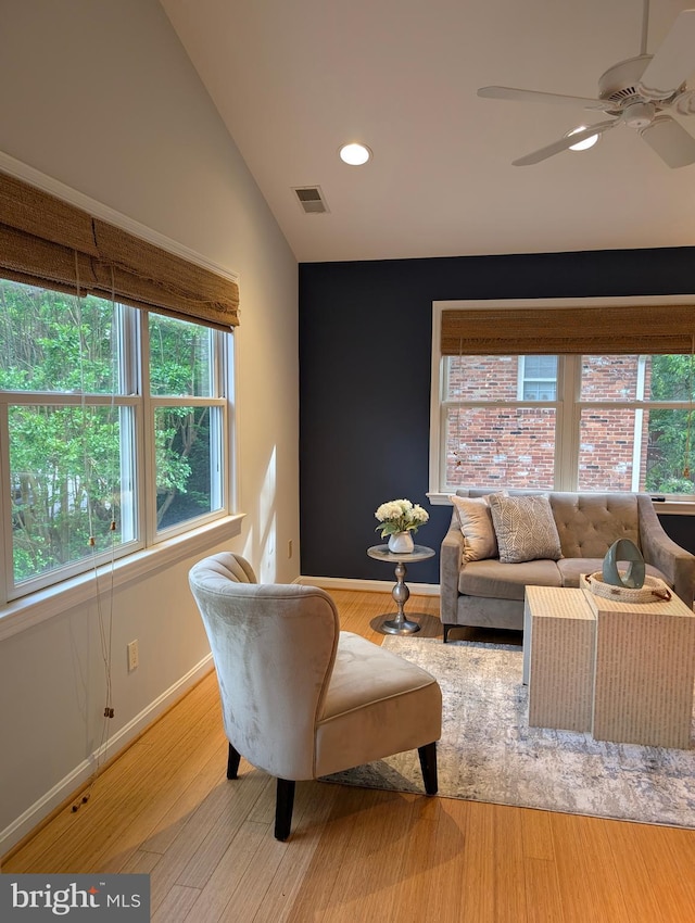 9510 Clement Rd, Silver Spring, MD 20910 - living room with ceiling fan, wood finished floors, baseboards, vaulted ceiling, and recessed lighting