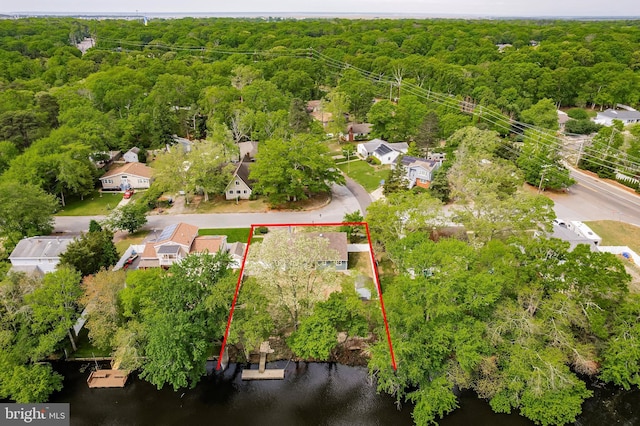 11 Rivercrest, Little Egg Harbor Twp, NJ 08087 - aerial view of property's location featuring a heavily wooded area, property boundaries highlighted, and a large body of water