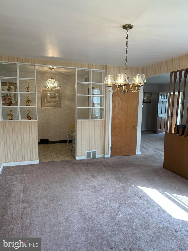 120 Lindsey Ave, Runnemede, NJ 08078 - unfurnished dining area featuring a chandelier, carpet flooring, and baseboards