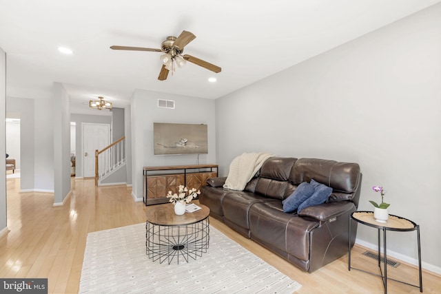 440 Glenn Rose Cir, King Of Prussia, PA 19406 - living room featuring light wood-style flooring, ceiling fan, baseboards, stairs, and recessed lighting