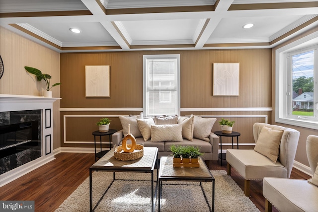 5421 Omaha Ave, Baltimore, MD 21206 - living room with ornamental molding, dark wood-type flooring, coffered ceiling, beam ceiling, and a fireplace
