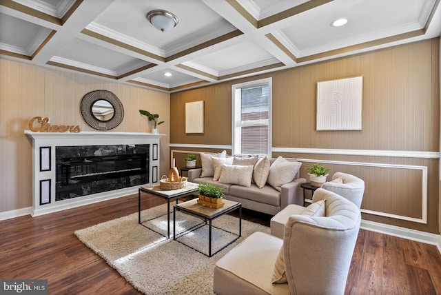 5421 Omaha Ave, Baltimore, MD 21206 - living area with crown molding, beamed ceiling, wood finished floors, coffered ceiling, and a fireplace