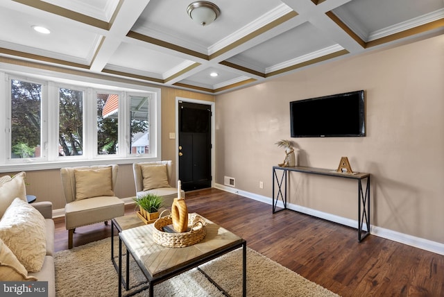 5421 Omaha Ave, Baltimore, MD 21206 - living room with baseboards, wood finished floors, ornamental molding, beam ceiling, and coffered ceiling