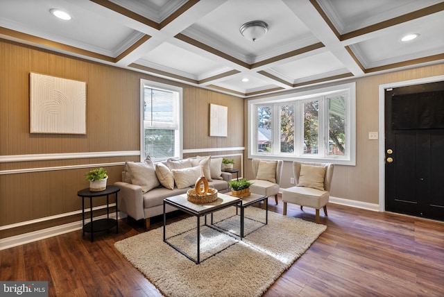5421 Omaha Ave, Baltimore, MD 21206 - living area featuring beamed ceiling, ornamental molding, dark wood-type flooring, coffered ceiling, and baseboards