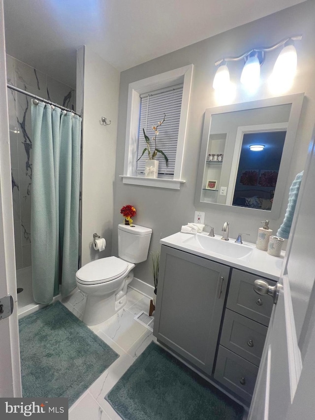 3701 Lochearn Dr, Gwynn Oak, MD 21207 - full bath featuring toilet, marble finish floors, vanity, a shower stall, and baseboards