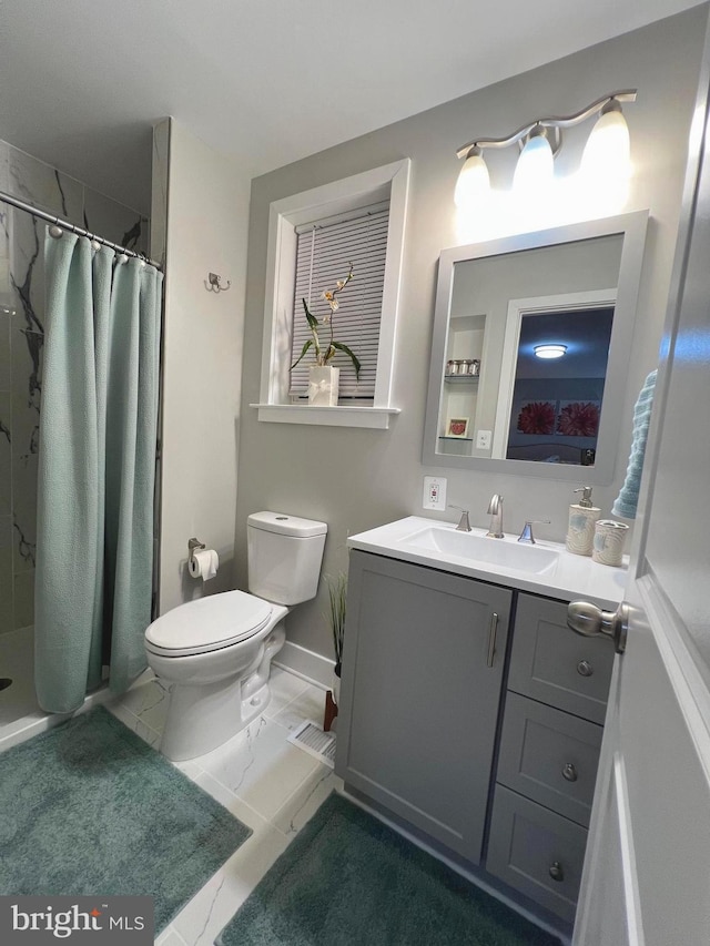3701 Lochearn Dr, Gwynn Oak, MD 21207 - bathroom featuring toilet, vanity, a shower with curtain, marble finish floors, and baseboards