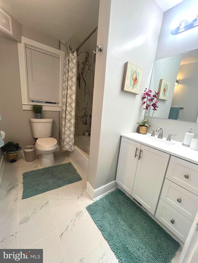 3701 Lochearn Dr, Gwynn Oak, MD 21207 - full bath with vanity, toilet, marble finish flooring, shower / bath combo, and baseboards