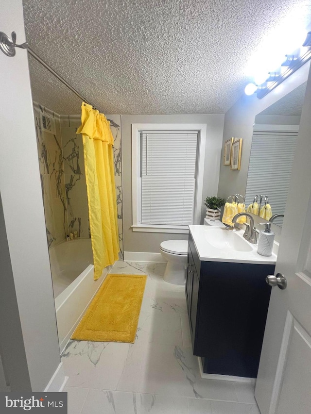 3701 Lochearn Dr, Gwynn Oak, MD 21207 - full bath featuring marble finish floors, toilet, vanity, shower / tub combo with curtain, and a textured ceiling