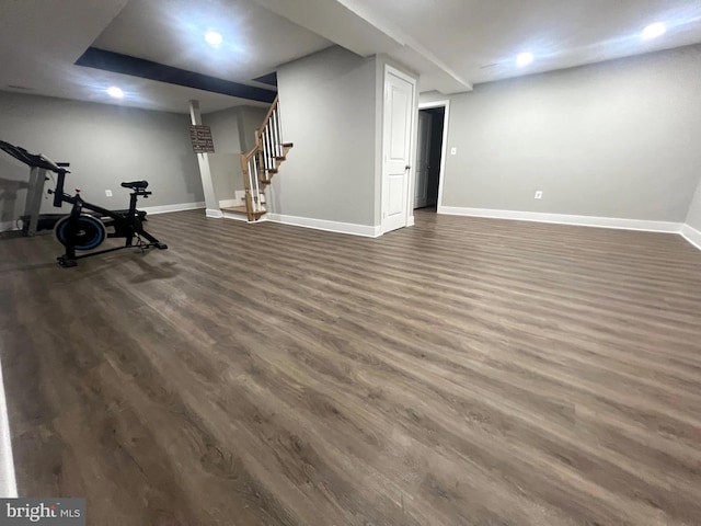 3701 Lochearn Dr, Gwynn Oak, MD 21207 - exercise room featuring baseboards, dark wood-type flooring, and recessed lighting