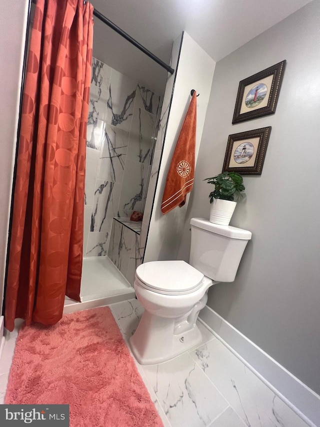 3701 Lochearn Dr, Gwynn Oak, MD 21207 - full bathroom with toilet, a stall shower, marble finish flooring, and baseboards