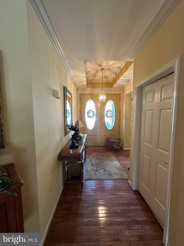 5054 Valley Stream Ln, Macungie, PA 18062 - entryway featuring ornamental molding, hardwood / wood-style flooring, a raised ceiling, baseboards, and a chandelier