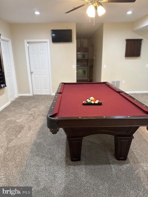 2307 Brooke Grove Rd, Bowie, MD 20721 - playroom featuring a ceiling fan, pool table, carpet flooring, baseboards, and recessed lighting