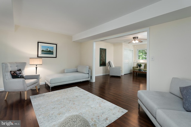 9 Laurel Wood, Lawrenceville, NJ 08648 - living room featuring dark wood finished floors, a ceiling fan, and baseboards