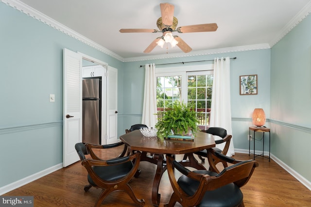 9 Laurel Wood, Lawrenceville, NJ 08648 - dining room featuring a ceiling fan, wood finished floors, baseboards, and ornamental molding