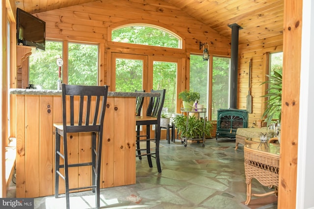 457 Langley Rd, Pittsgrove, NJ 08318 - sunroom with vaulted ceiling and a wood stove