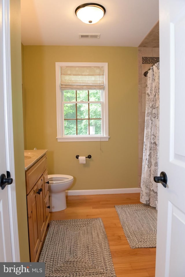 457 Langley Rd, Pittsgrove, NJ 08318 - bathroom featuring wood finished floors, vanity, toilet, baseboards, and curtained shower