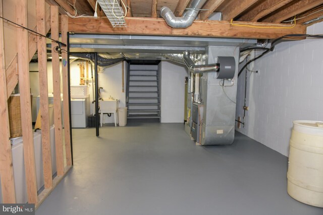 457 Langley Rd, Pittsgrove, NJ 08318 - unfinished below grade area with heating unit, stairs, concrete block wall, a sink, and washer / clothes dryer